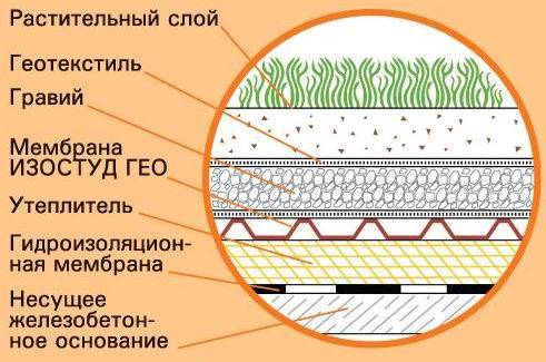 Применение защитной мембраны Изостуд в зеленой кровле Применение защитной мембраны Изостуд в зеленой кровле
